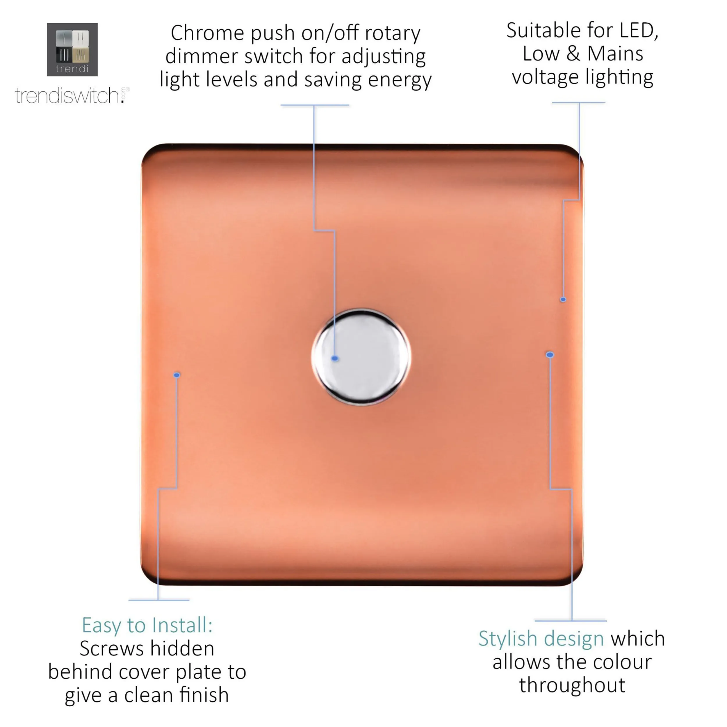 1 Gang 1 Way LED Dimmer Switch Copper ART-LDMCPR  Trendi Copper